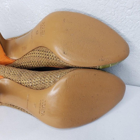 PRADA Woven Color Block Orange Croc Cap Toe Green Leather Trim Pumps Size 37 EU - Picture 13 of 15